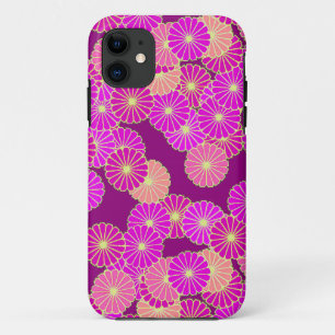 Coque iPhone 11 Motif de fleurs Art Déco - tons violet, corail