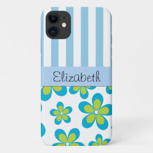 Coque iPhone 11 Motif De Fleurs, Bleues, Votre Nom