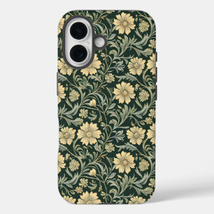 Coques iPhone 16 Motif de fleurs jaunes stylisées vert foncé