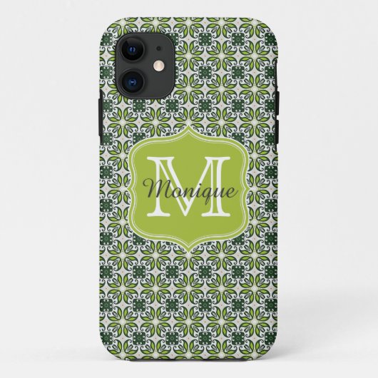 Coques Case-Mate iPhone Motif de fleurs vertes de monogramme (Dos)
