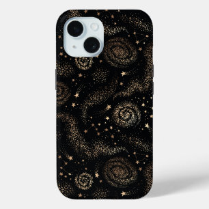 Coque Pour iPhone 15 Motif de galaxie Gold Star Constellation