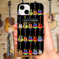 Motif de guitare coloré sur fond noir avec nom