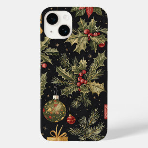 Coque Pour iPhone 14 Motif de houx rouge et or de Noël sur fond noir