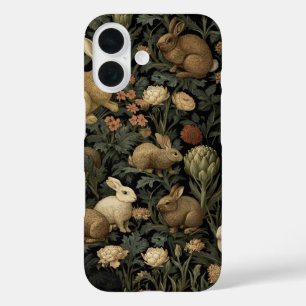 Coques iPhone 16 Motif de lapin de forêt vintage foncé botanique