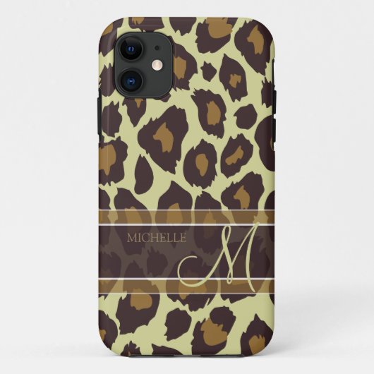 Coques Case-Mate iPhone Motif de léopard - brun et Tan avec le monogramme (Dos)