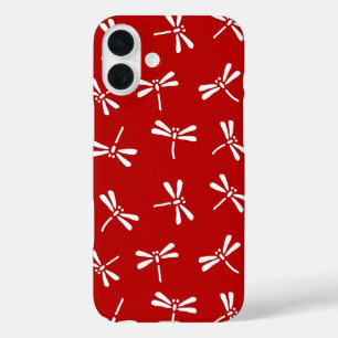 iPhone 16 Plus Case Motif de libellule japonaise, rouge foncé et blanc