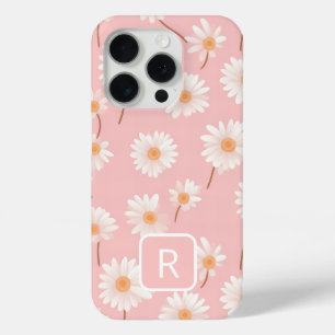 Coque iPhone 15 Pro Motif de marguerite initial personnalisé sur rose