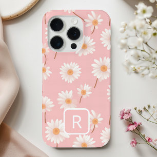Coque iPhone 15 Pro Motif de marguerite initial personnalisé sur rose
