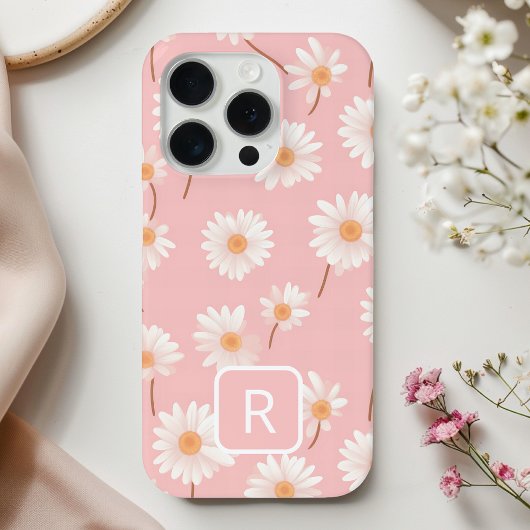 Coques Case-Mate iPhone Motif de marguerite initial personnalisé sur rose