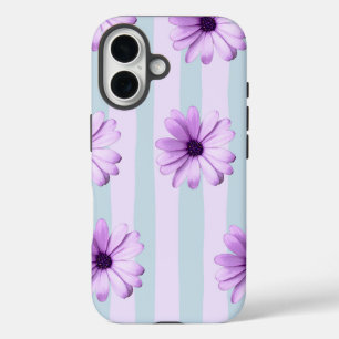 Coques iPhone 16 motif de marguerite rayée bleu et violet