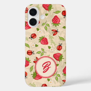 Coques iPhone 16 Motif de monogramme de la fraise Ladybug