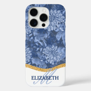 Coques iPhone 16 Pro Motif de monogramme floral aquarelle - Bleu sur bl
