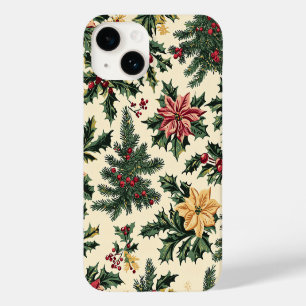 Coque Pour iPhone 14 Motif de Noël de houx poinsettia rouge crème