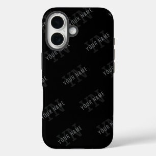 Coques iPhone 16 Motif de nom en monogramme gris très foncé et noir