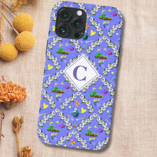 Coques Case-Mate iPhone Motif de passiflore bleue de jardinage Monogramme