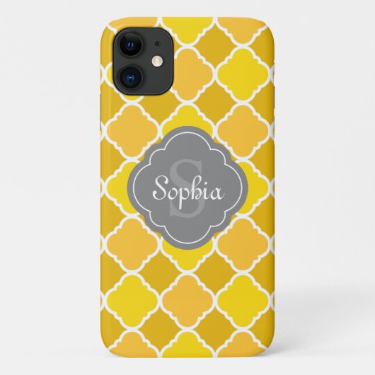 Coques Case-Mate iPhone Motif de Quatrefoil jaune avec Monogramme gris (Dos)