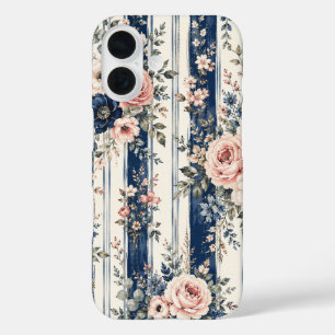 Coques iPhone 16 Motif de rayure florale marine à l'aquarelle Desig