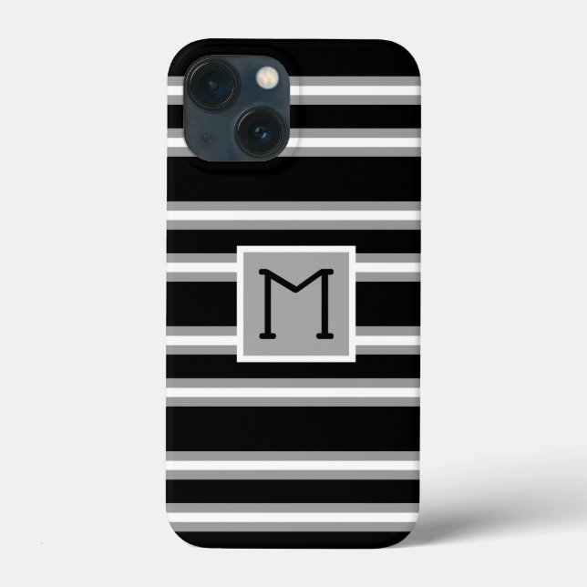 Coques Case-Mate iPhone Motif de rayures à monogramme moderne noir gris bl (Verso)
