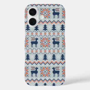 Coques iPhone 16 Motif de rennes de Noël bleu brun