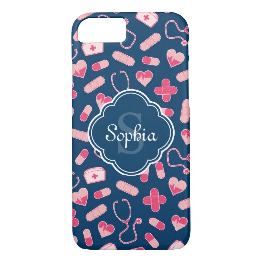 Coques Case-Mate iPhone Motif de soins infirmiers rose et bleu avec Monogr (Dos)