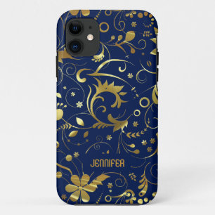 Coque Case-Mate Pour iPhone Motif De Tissu Floral Bleu Marine Et Or