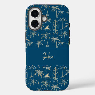 Coques iPhone 16 Motif de vacances à la plage et votre nom en beige