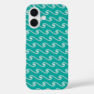 Coques iPhone 16 Motif de vague chinois - blanc sur bleu paon