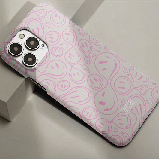 Coques Case-Mate iPhone Motif de visage souriant rétro groovy rose sable