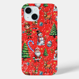 Coque Pour iPhone 15 Motif décoratif de Noël à fond rouge