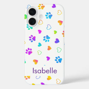 Coques iPhone 16 Motif d'empreinte de patte coloré avec nom personn