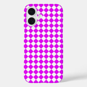 Coques iPhone 16 Motif diamant à carreaux rose blanc