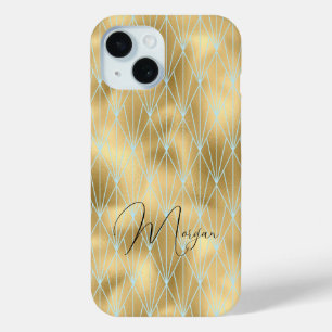 Coque Pour iPhone 15 Motif diamant Art déco, or et sarcelle, nom en écr