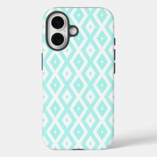 Coques iPhone 16 Motif diamant turquoise et blanc