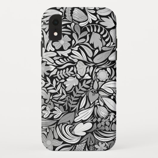 Coques Case-Mate iPhone Motif d'illustration Feuilles floraux noirs argent (Dos)