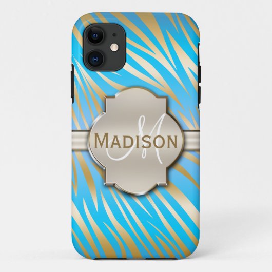 Coques Case-Mate iPhone Motif d'impression Monogramme Gold Blue Zebra (Dos)