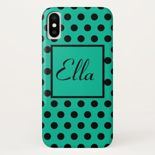 Coques Case-Mate iPhone Motif élégant à points Polka noirs sur vert (Dos)