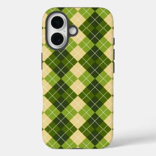 Coques iPhone 16 Motif élégant Argyle en losange vert et jaune