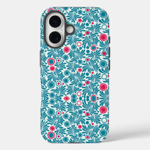 Coques iPhone 16 Motif élégant de feuillage sarcelle et magenta
