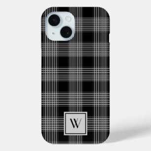 Coque Pour iPhone 15 Motif élégant de monogramme à carreaux noir et bla
