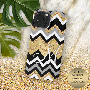 Coque Pour Pour iPhone 14 Pro Max Motif élégant noir or argenté à motif zigzag perso