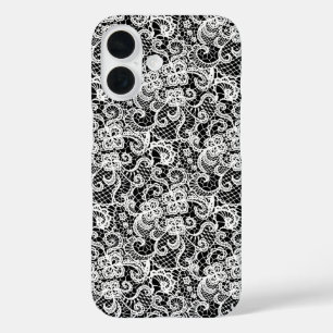 Coques iPhone 16 Motif en dentelle blanche sur noir