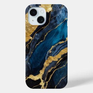 Coque Pour iPhone 15 Motif en marbre bleu avec or