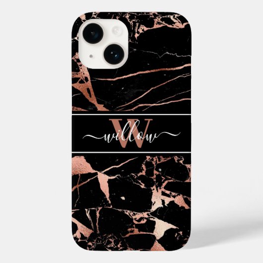 Coques Case-Mate iPhone Motif en marbre Monogramme Rose or noir (Verso)