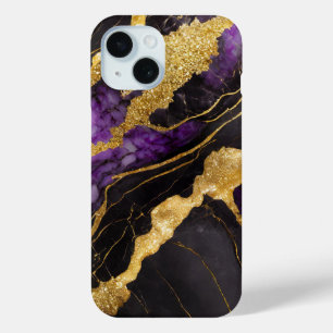 Coque Pour iPhone 15 Motif en marbre noir pourpre avec or