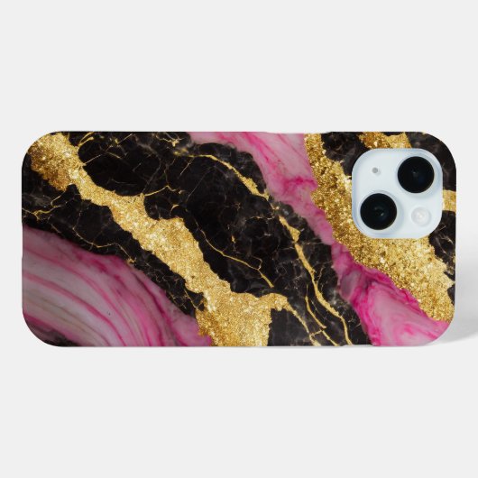 Coques Case-Mate iPhone Motif en marbre rose noir avec or (Verso (horizontal))