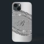 Etui iPhone 13 Motif en métal argenté avec diamants<br><div class="desc">Tons argentés brillant look métallique avec motif de diamants. monogramme personnalisé et optionnel.</div>
