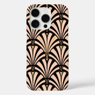 Coques iPhone 16 Pro Motif éventail Art Déco - pêche sur fond noir