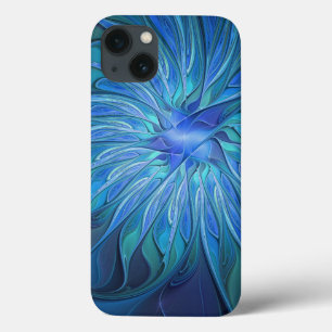 iPhone 13 Coque Motif fantaisie de fleur bleue, art fractal abstra