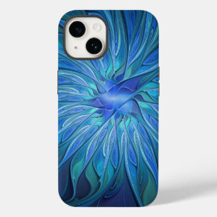 Coque Pour iPhone 14 Motif fantaisie fleur bleue, art fractal abstrait