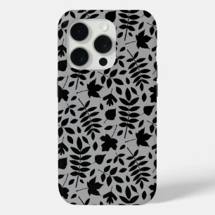 Coque iPhone 15 Pro Motif Feuille tombé noir sur gris